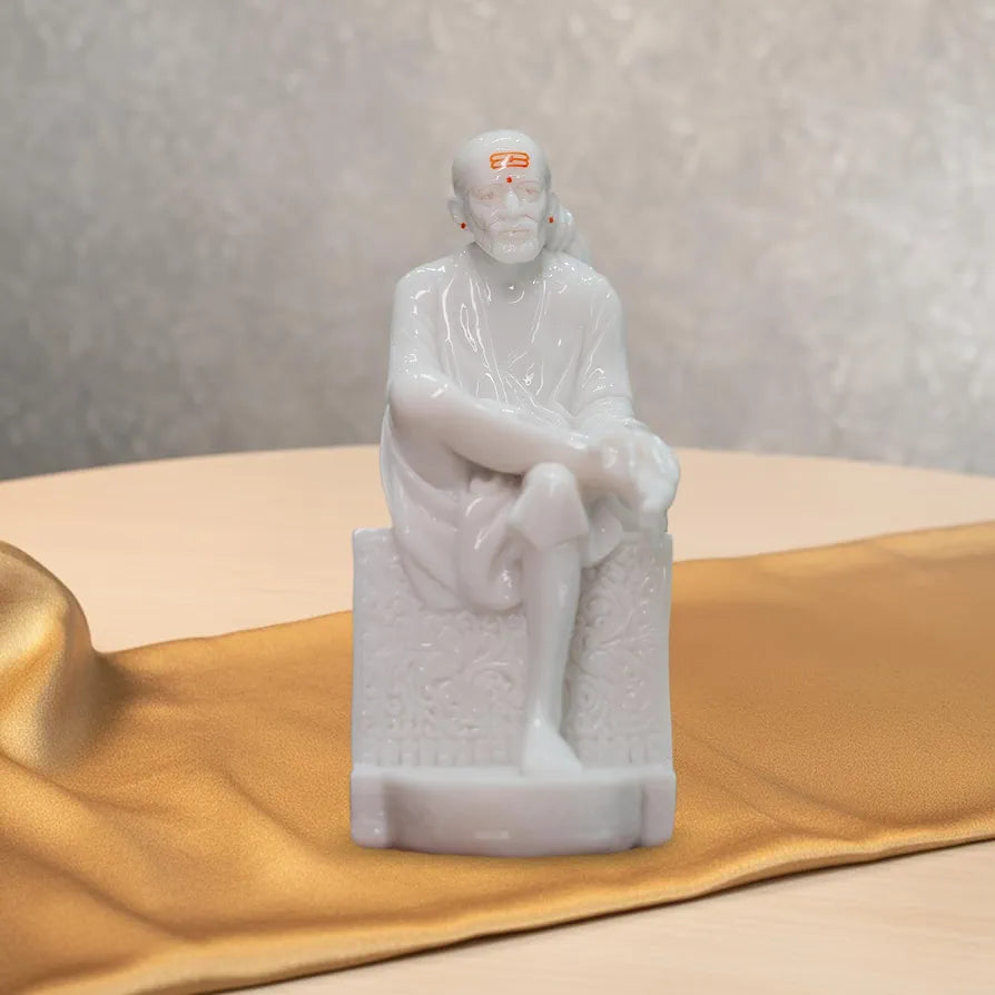 White Marble Sai Baba Idol | Samadhi Mandir Style Statue for Home Temple & Office | 10 inch Height x 5 inch Length | Premium Marble Finish Murti for Pooja & Divine Gift Purpose