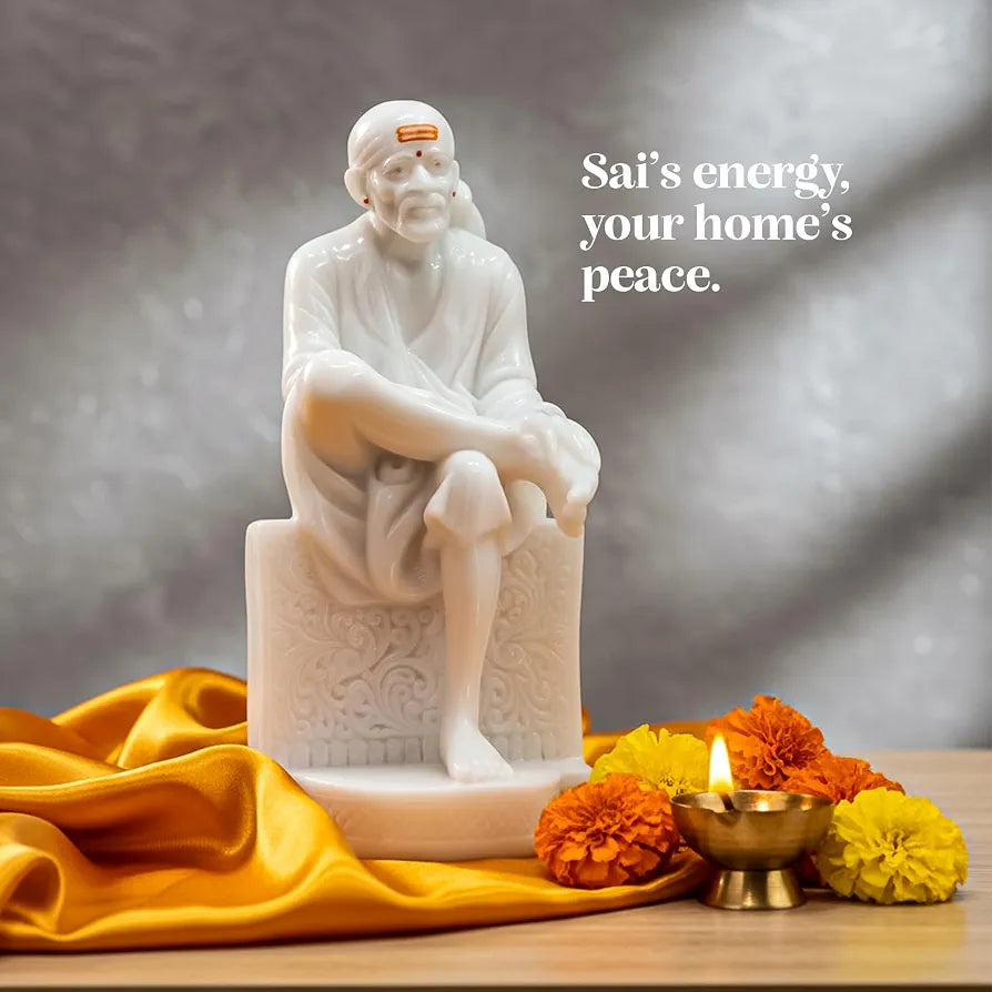 White Marble Sai Baba Idol | Samadhi Mandir Style Statue for Home Temple & Office | 10 inch Height x 5 inch Length | Premium Marble Finish Murti for Pooja & Divine Gift Purpose