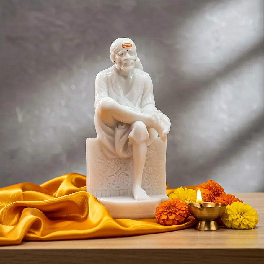 White Marble Sai Baba Idol | Samadhi Mandir Style Statue for Home Temple & Office | 10 inch Height x 5 inch Length | Premium Marble Finish Murti for Pooja & Divine Gift Purpose