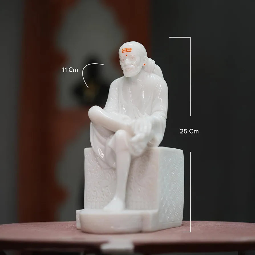 White Marble Sai Baba Idol | Samadhi Mandir Style Statue for Home Temple & Office | 10 inch Height x 5 inch Length | Premium Marble Finish Murti for Pooja & Divine Gift Purpose