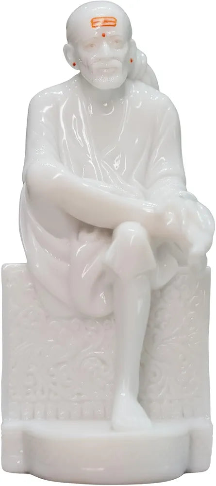 White Marble Sai Baba Idol | Samadhi Mandir Style Statue for Home Temple & Office | 10 inch Height x 5 inch Length | Premium Marble Finish Murti for Pooja & Divine Gift Purpose