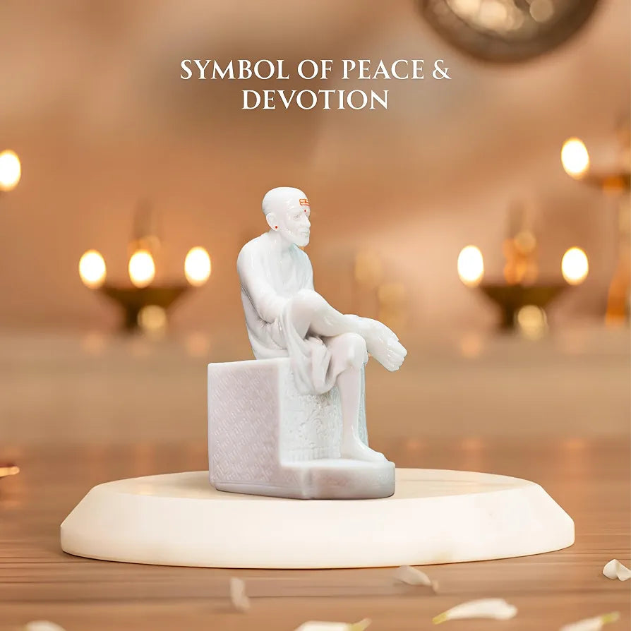 White Marble Sai Baba Idol | Samadhi Mandir Style Statue for Home Temple & Office | 10 inch Height x 5 inch Length | Premium Marble Finish Murti for Pooja & Divine Gift Purpose