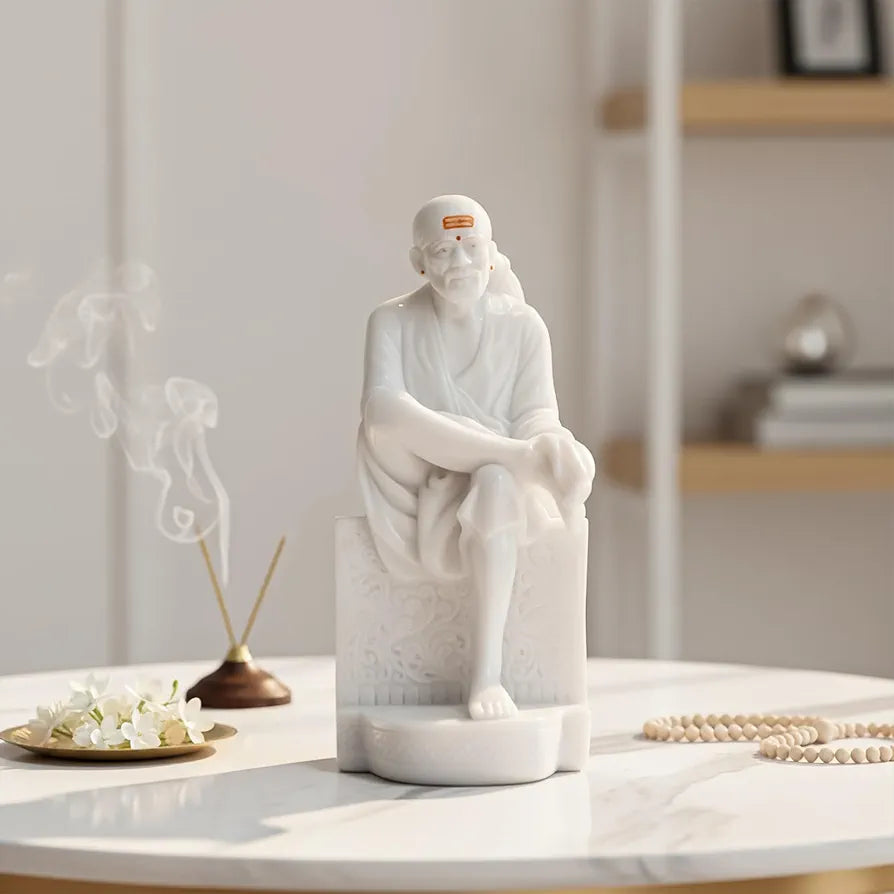 White Marble Sai Baba Idol | Samadhi Mandir Style Statue for Home Temple & Office | 10 inch Height x 5 inch Length | Premium Marble Finish Murti for Pooja & Divine Gift Purpose
